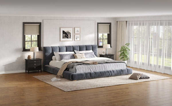 English Elm King Velvet Platform Bed Channel Tufted Headboard Low Profile Slat Support Bedroom Gray N7500002404E