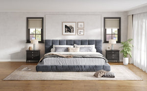 English Elm King Velvet Platform Bed Channel Tufted Headboard Low Profile Slat Support Bedroom Gray N7500002404E