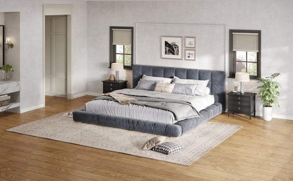 English Elm King Velvet Platform Bed Channel Tufted Headboard Low Profile Slat Support Bedroom Gray N7500002404E