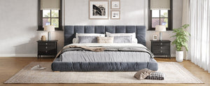 English Elm King Velvet Platform Bed Channel Tufted Headboard Low Profile Slat Support Bedroom Gray N7500002404E