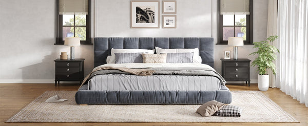 English Elm King Velvet Platform Bed Channel Tufted Headboard Low Profile Slat Support Bedroom Gray N7500002404E