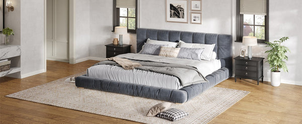 English Elm King Velvet Platform Bed Channel Tufted Headboard Low Profile Slat Support Bedroom Gray N7500002404E