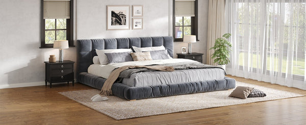 English Elm King Velvet Platform Bed Channel Tufted Headboard Low Profile Slat Support Bedroom Gray N7500002404E