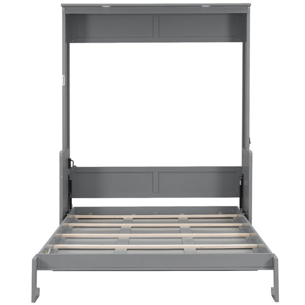 English Elm Queen Murphy Wall Bed with Fold Out Desk LED Lighting and USB Ports for Home Office N7500004014E-1
