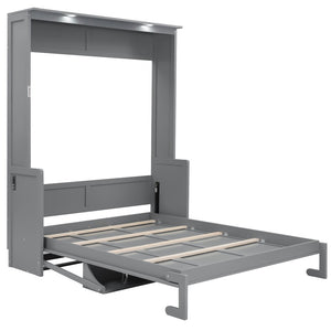 English Elm Queen Murphy Wall Bed with Fold Out Desk LED Lighting and USB Ports for Home Office N7500004014E-1