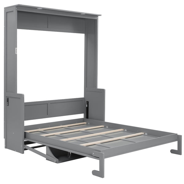 English Elm Queen Murphy Wall Bed with Fold Out Desk LED Lighting and USB Ports for Home Office N7500004014E-1