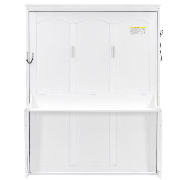 English Elm Queen Murphy Wall Bed with Fold Out Desk LED Lighting and USB Port for Home Office N7500004014K-1