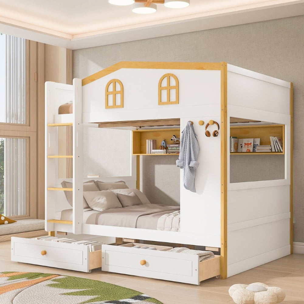 English Elm Twin Over Bunk Bed with House Guardrails Built-in Shelves Drawers Kids Room N7500005038K