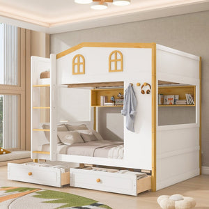 English Elm Twin Over Bunk Bed with House Guardrails Built-in Shelves Drawers Kids Room N7500005038K