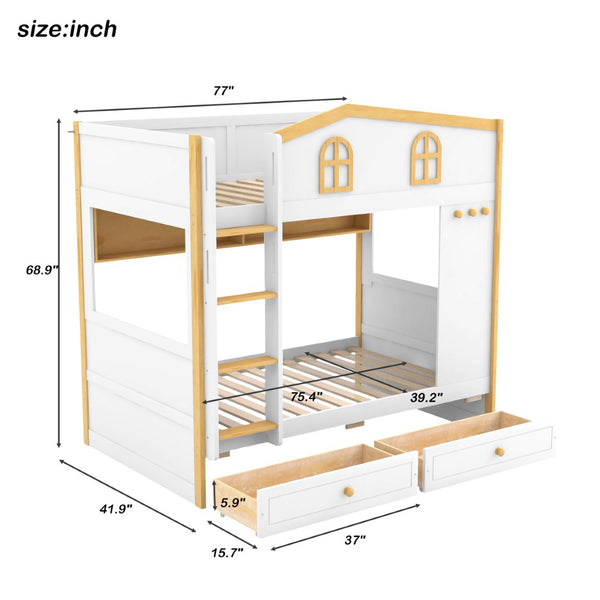 English Elm Twin Over Bunk Bed with House Guardrails Built-in Shelves Drawers Kids Room N7500005038K