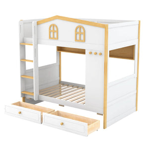 English Elm Twin Over Bunk Bed with House Guardrails Built-in Shelves Drawers Kids Room N7500005038K