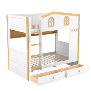 English Elm Twin Over Bunk Bed with House Guardrails Built-in Shelves Drawers Kids Room N7500005038K