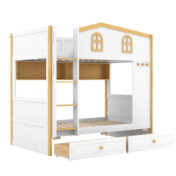 English Elm Twin Over Bunk Bed with House Guardrails Built-in Shelves Drawers Kids Room N7500005038K