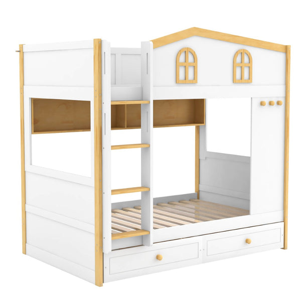 English Elm Twin Over Bunk Bed with House Guardrails Built-in Shelves Drawers Kids Room N7500005038K
