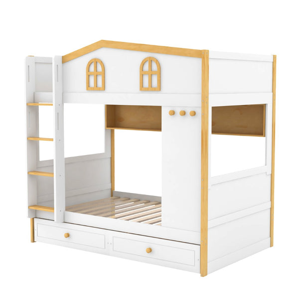 English Elm Twin Over Bunk Bed with House Guardrails Built-in Shelves Drawers Kids Room N7500005038K