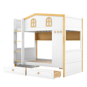 English Elm Twin Over Bunk Bed with House Guardrails Built-in Shelves Drawers Kids Room N7500005038K