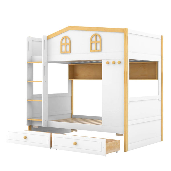 English Elm Twin Over Bunk Bed with House Guardrails Built-in Shelves Drawers Kids Room N7500005038K