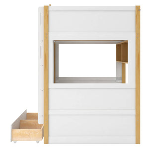English Elm Twin Over Bunk Bed with House Guardrails Built-in Shelves Drawers Kids Room N7500005038K