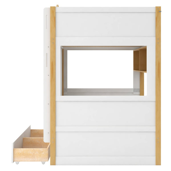 English Elm Twin Over Bunk Bed with House Guardrails Built-in Shelves Drawers Kids Room N7500005038K