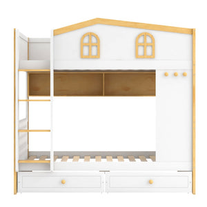 English Elm Twin Over Bunk Bed with House Guardrails Built-in Shelves Drawers Kids Room N7500005038K