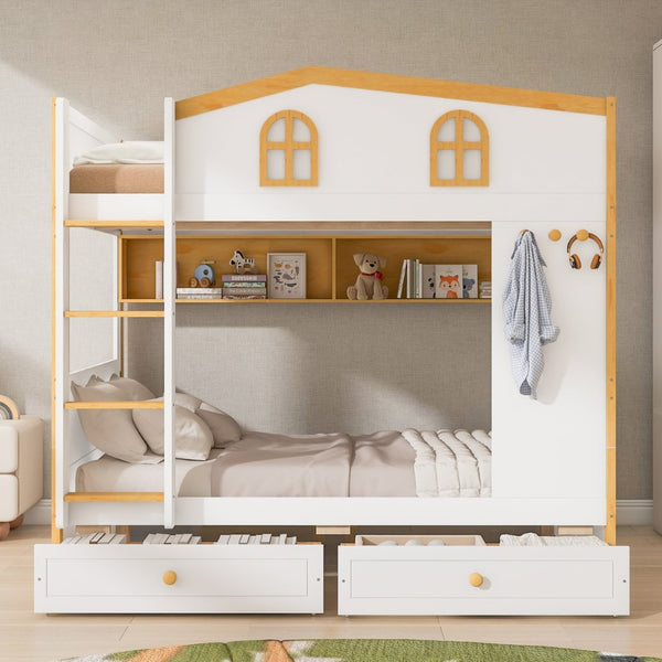 English Elm Twin Over Bunk Bed with House Guardrails Built-in Shelves Drawers Kids Room N7500005038K