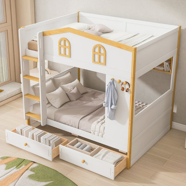 English Elm Twin Over Bunk Bed with House Guardrails Built-in Shelves Drawers Kids Room N7500005038K