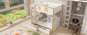 English Elm Twin Over Bunk Bed with House Guardrails Built-in Shelves Drawers Kids Room N7500005038K