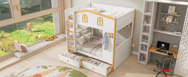 English Elm Twin Over Bunk Bed with House Guardrails Built-in Shelves Drawers Kids Room N7500005038K