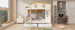 English Elm Twin Over Bunk Bed with House Guardrails Built-in Shelves Drawers Kids Room N7500005038K