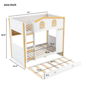 English Elm Twin Over House Bunk Bed with Trundle Storage Shelves and Playful Fort Design N7500005039K