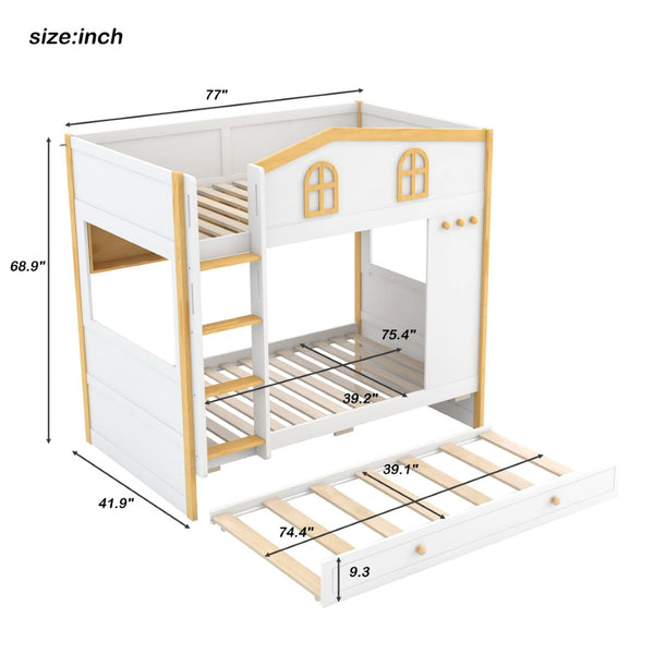 English Elm Twin Over House Bunk Bed with Trundle Storage Shelves and Playful Fort Design N7500005039K