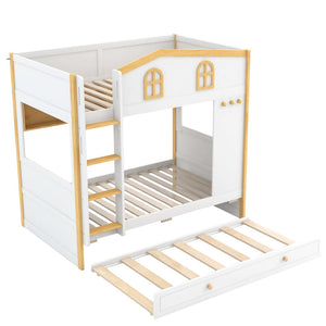 English Elm Twin Over House Bunk Bed with Trundle Storage Shelves and Playful Fort Design N7500005039K