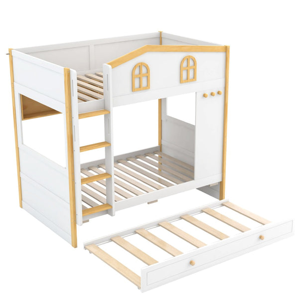 English Elm Twin Over House Bunk Bed with Trundle Storage Shelves and Playful Fort Design N7500005039K