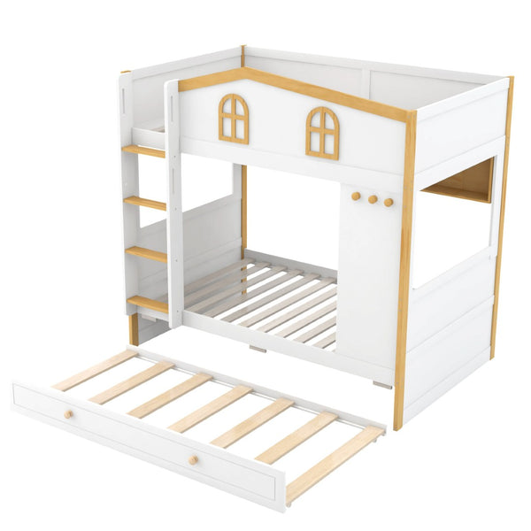 English Elm Twin Over House Bunk Bed with Trundle Storage Shelves and Playful Fort Design N7500005039K