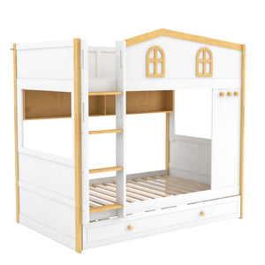 English Elm Twin Over House Bunk Bed with Trundle Storage Shelves and Playful Fort Design N7500005039K