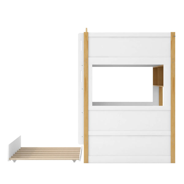 English Elm Twin Over House Bunk Bed with Trundle Storage Shelves and Playful Fort Design N7500005039K