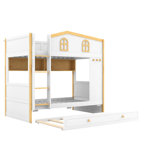 English Elm Twin Over House Bunk Bed with Trundle Storage Shelves and Playful Fort Design N7500005039K
