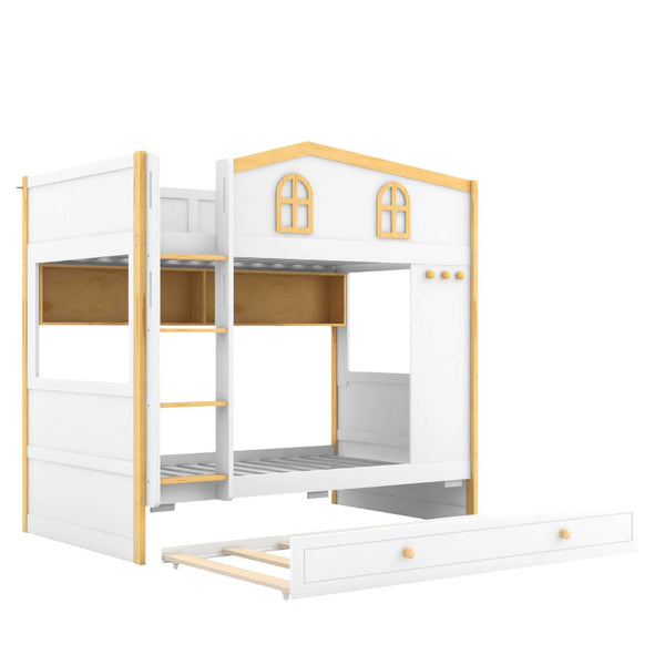 English Elm Twin Over House Bunk Bed with Trundle Storage Shelves and Playful Fort Design N7500005039K