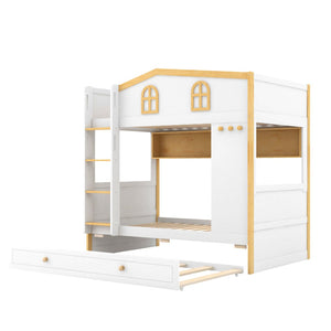 English Elm Twin Over House Bunk Bed with Trundle Storage Shelves and Playful Fort Design N7500005039K