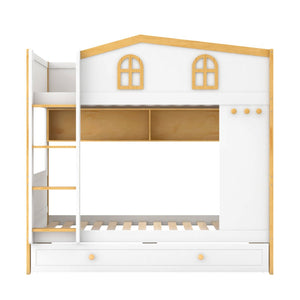 English Elm Twin Over House Bunk Bed with Trundle Storage Shelves and Playful Fort Design N7500005039K