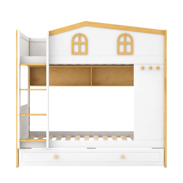 English Elm Twin Over House Bunk Bed with Trundle Storage Shelves and Playful Fort Design N7500005039K