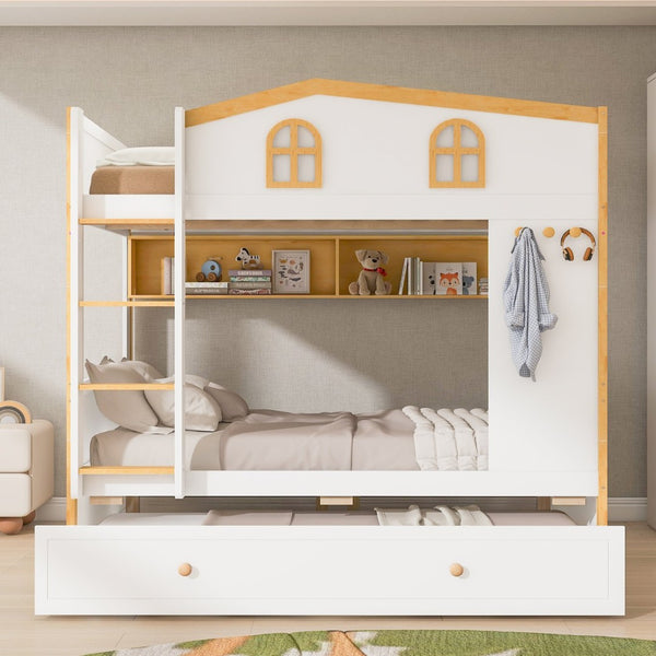 English Elm Twin Over House Bunk Bed with Trundle Storage Shelves and Playful Fort Design N7500005039K