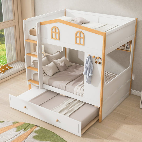 English Elm Twin Over House Bunk Bed with Trundle Storage Shelves and Playful Fort Design N7500005039K