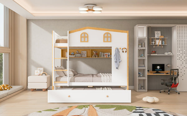 English Elm Twin Over House Bunk Bed with Trundle Storage Shelves and Playful Fort Design N7500005039K
