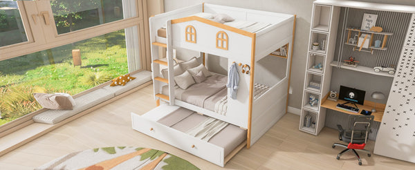English Elm Twin Over House Bunk Bed with Trundle Storage Shelves and Playful Fort Design N7500005039K