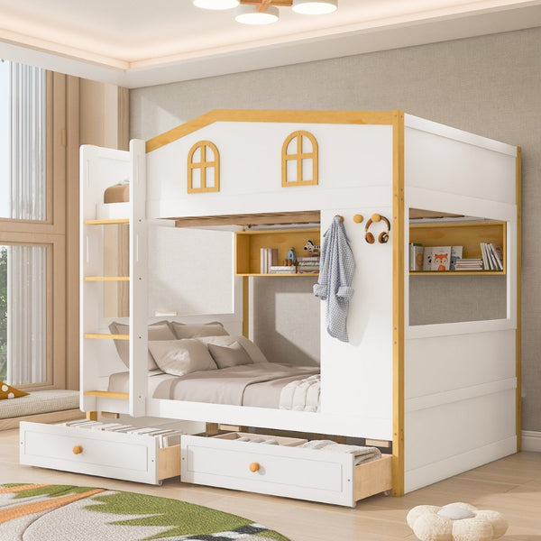 English Elm Full Over Bunk Bed with House Guardrails Built-in Shelves and Rolling Drawers N7500005040K