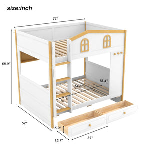 English Elm Full Over Bunk Bed with House Guardrails Built-in Shelves and Rolling Drawers N7500005040K