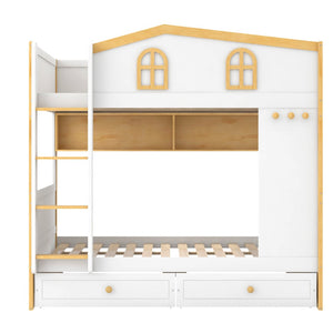 English Elm Full Over Bunk Bed with House Guardrails Built-in Shelves and Rolling Drawers N7500005040K