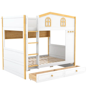English Elm Full Over Bunk Bed with House Guardrails Built-in Shelves and Rolling Drawers N7500005040K