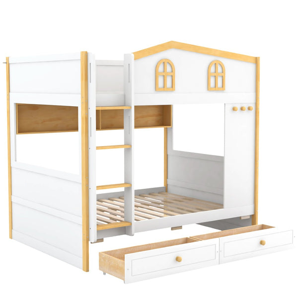 English Elm Full Over Bunk Bed with House Guardrails Built-in Shelves and Rolling Drawers N7500005040K